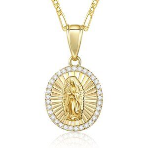 Catholic Virgin Mary Necklace 14K Gold Round Zirconia Guadalupe Pendant Women